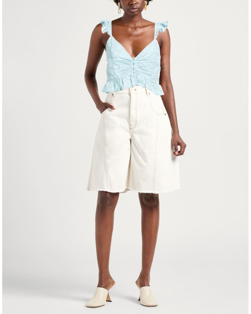 Guess Blue Cotton Lace Deep-Neck Top