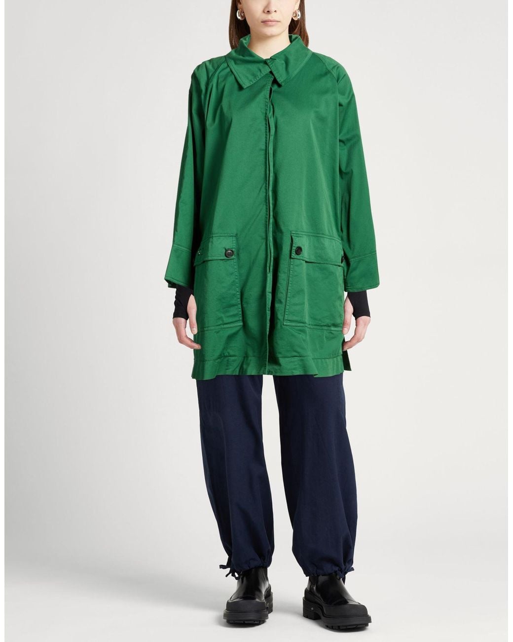 Semicouture Green Overcoat & Trench Coat Cotton, Elastane