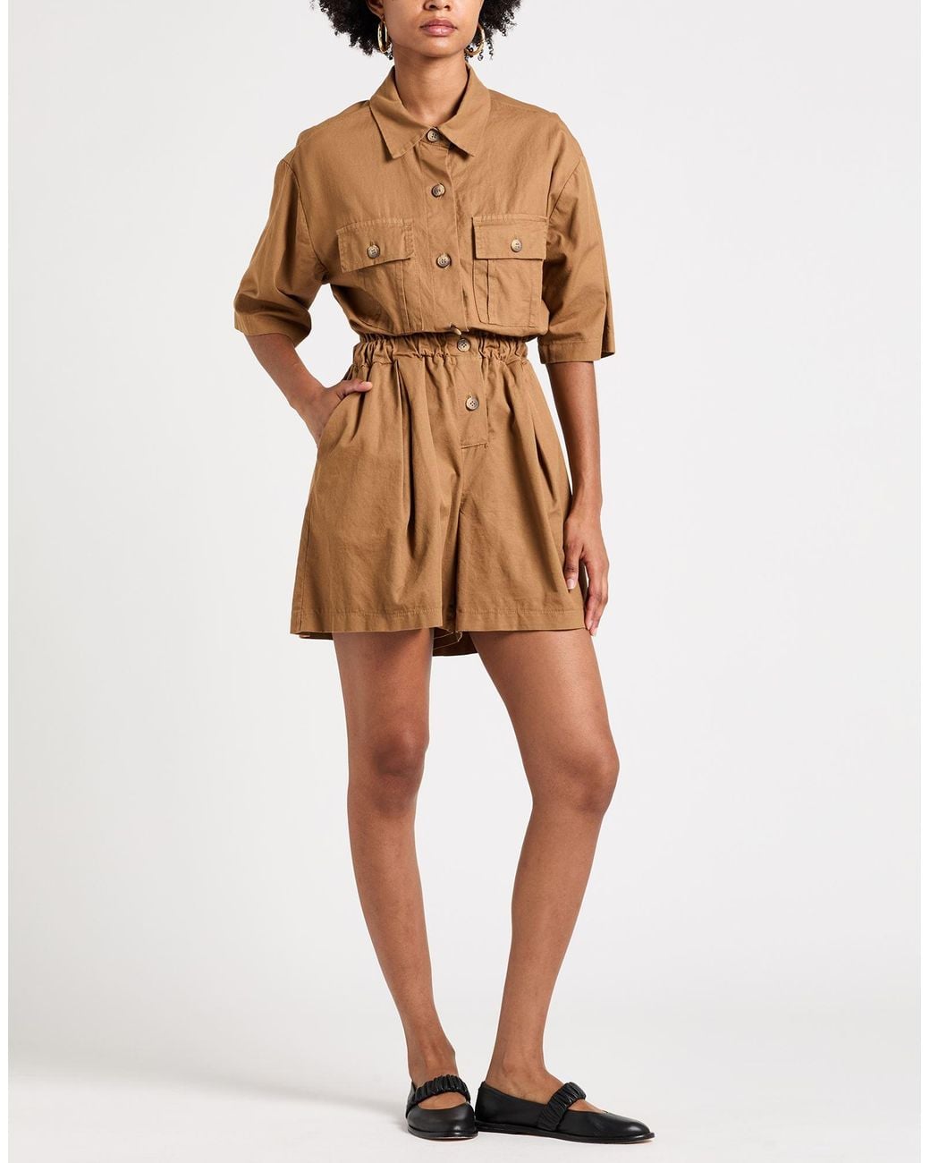 ViCOLO Brown Camel Playsuit Cotton, Linen, Elastane