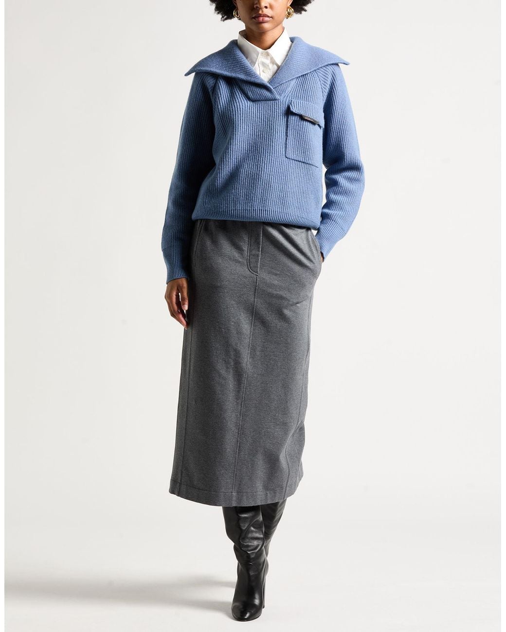 Brunello Cucinelli Gray Midi Skirt Cotton, Elastane