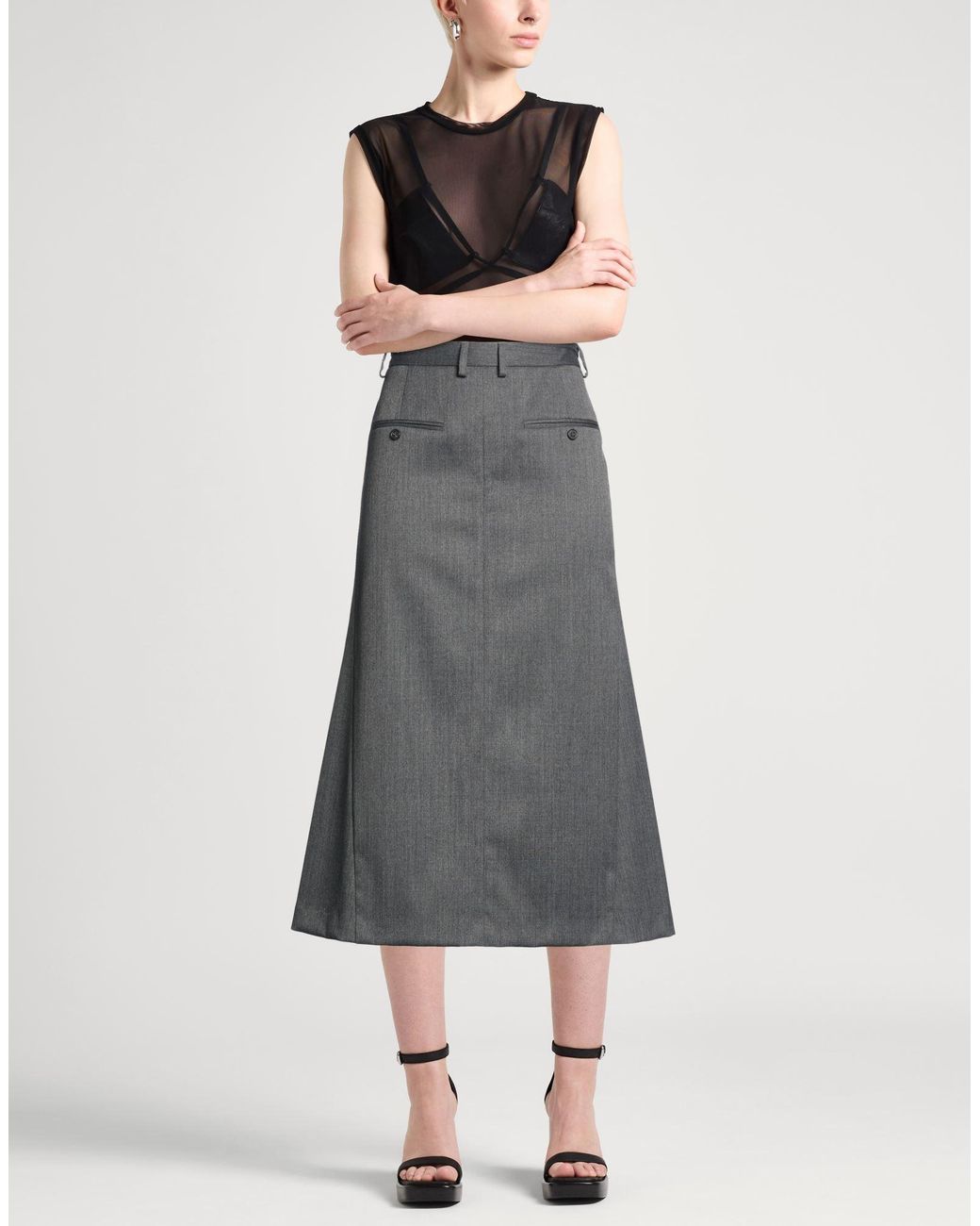 MM6 by Maison Margiela Gray Midi Skirt Polyester, Virgin Wool, Elastane