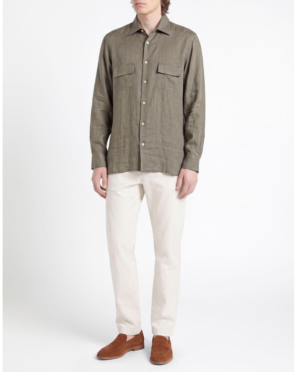 Kiton Green Khaki Shirt Linen for men