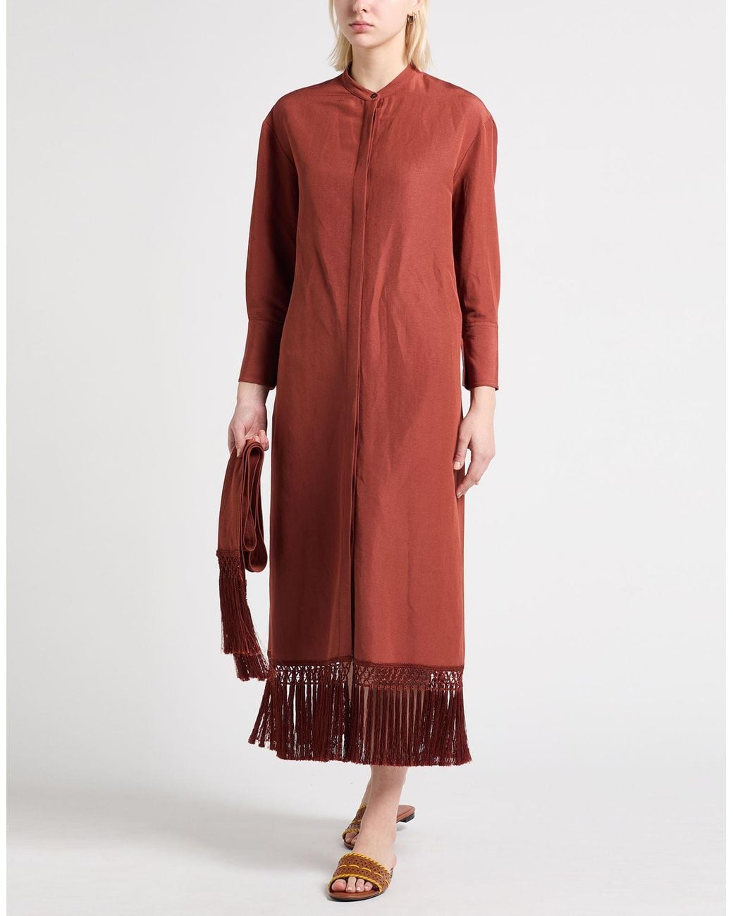 Agnona Red Tan Midi Dress Linen, Silk