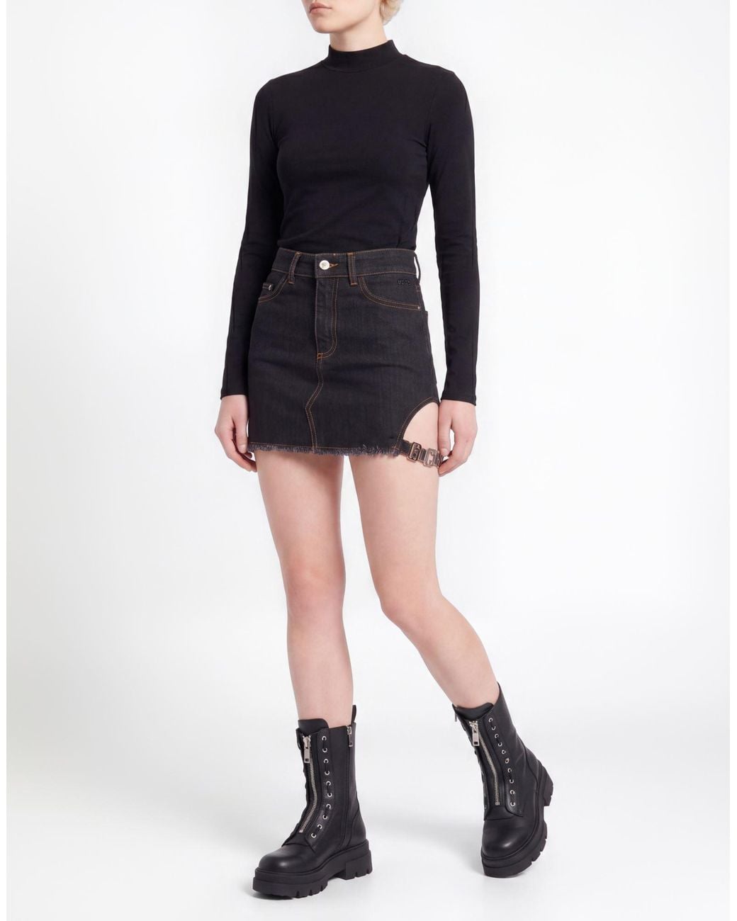 Gcds Black Denim Skirt Cotton, Elastane