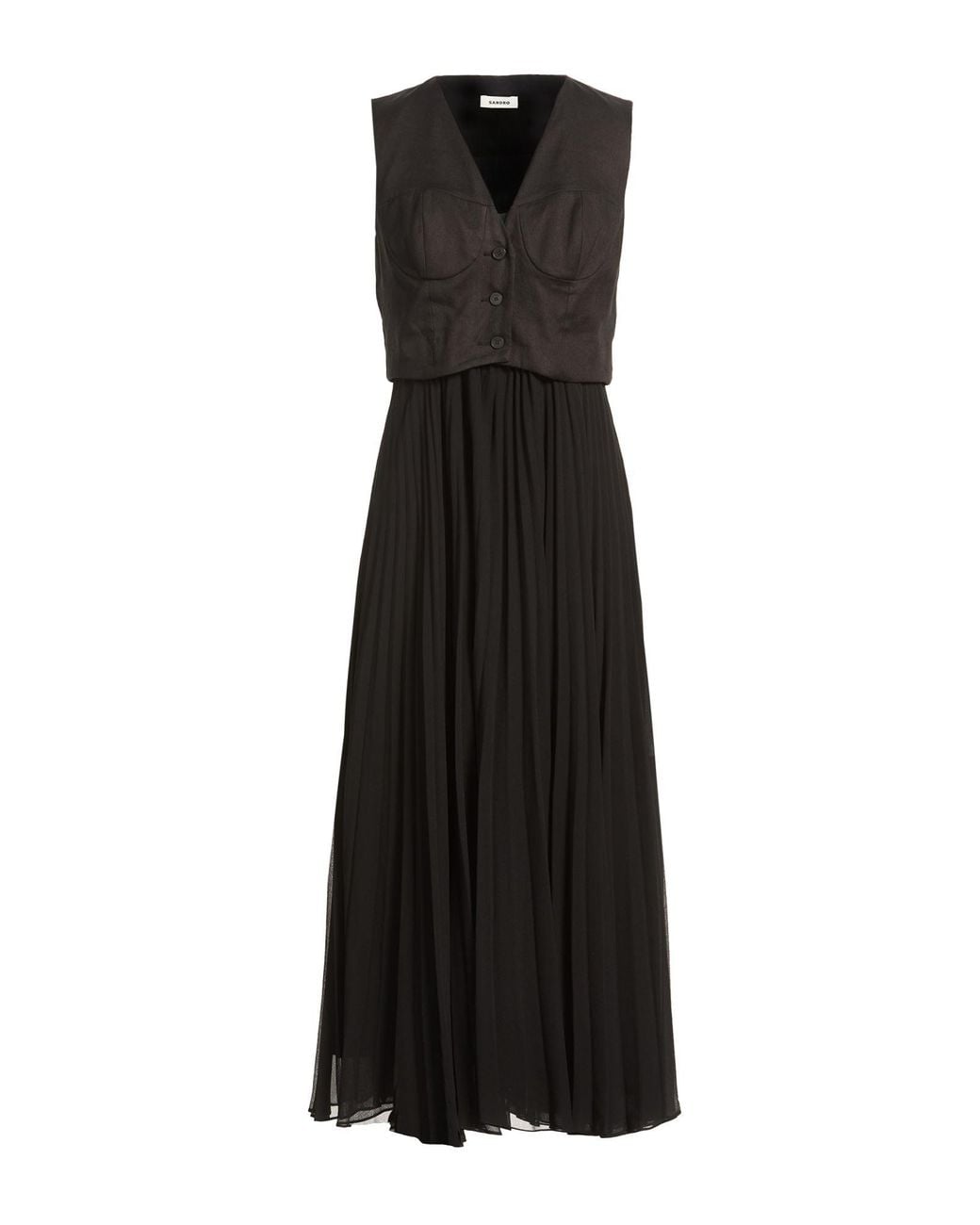 Sandro Black Midi Dress Polyester, Linen, Cotton, Elastane