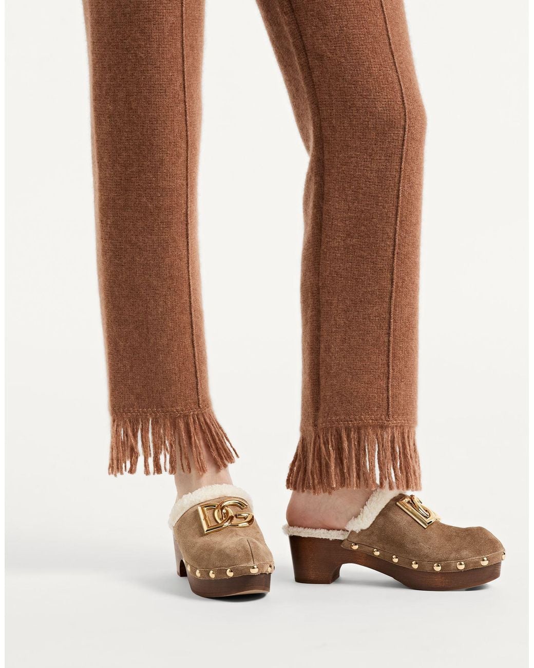 Dolce & Gabbana Brown Suede And Faux Fur Clogs With Dg Logo.