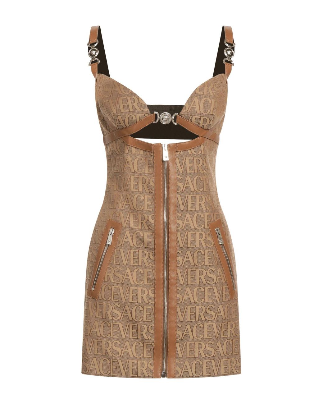 Versace Brown Versatile Monogram Mini Dress With Leather Trims