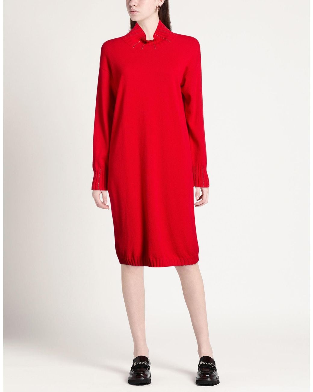 Fabiana Filippi Red Midi Dress Virgin Wool, Silk, Cashmere, Recycled Brass