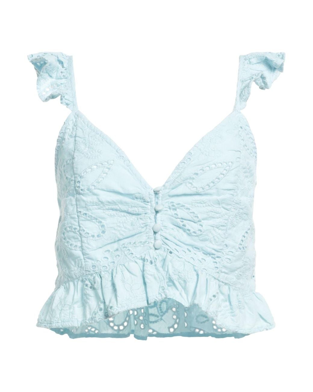 Guess Blue Cotton Lace Deep-Neck Top