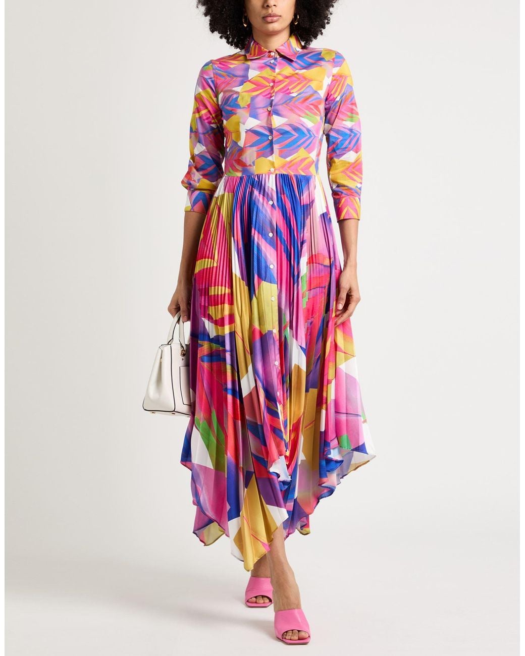 Sara Roka White Fuchsia Maxi Dress Polyester, Cotton, Elastane