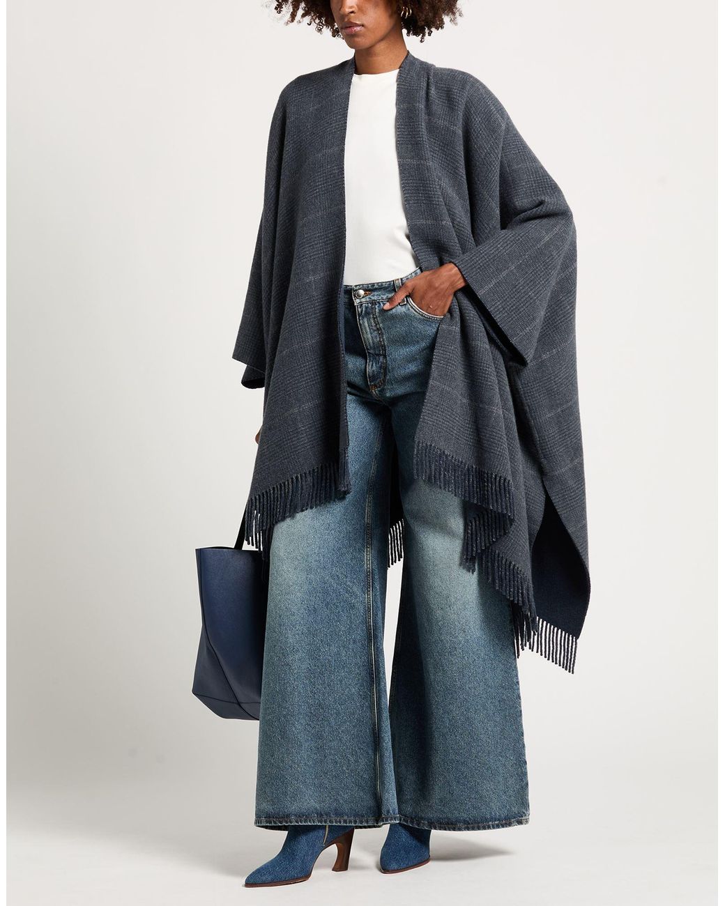 Brunello Cucinelli Blue Slate Cape Cashmere, Viscose, Metallic Polyester