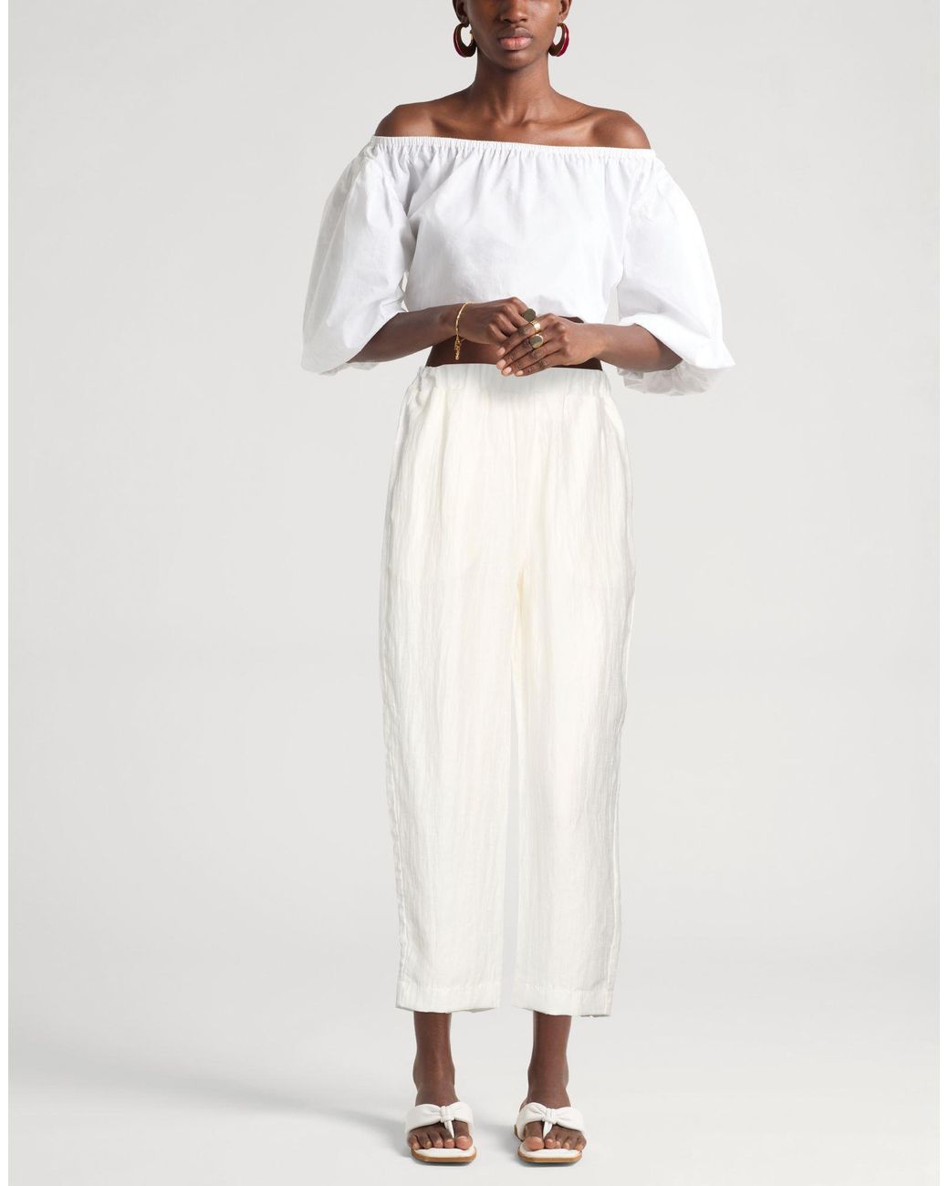 Alpha Studio White Pants Linen, Nylon