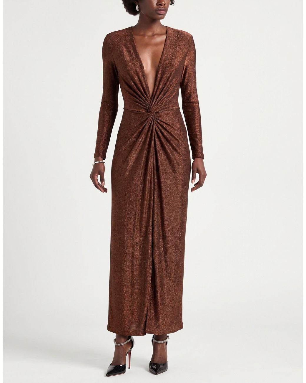 Hanita Brown Bronze Maxi Dress Nylon, Metallic Fiber, Elastane