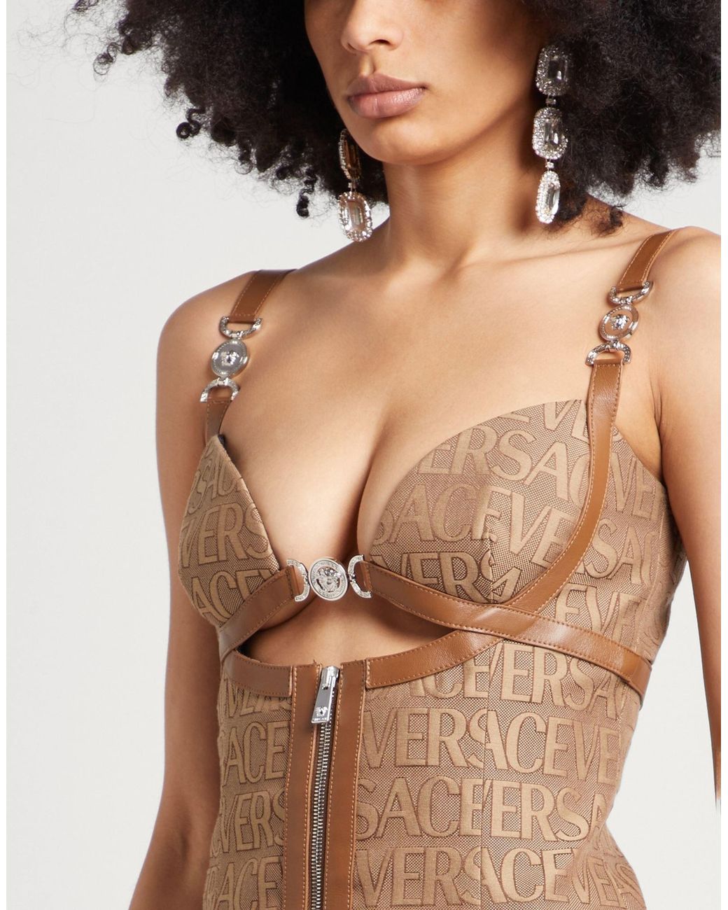 Versace Brown Versatile Monogram Mini Dress With Leather Trims