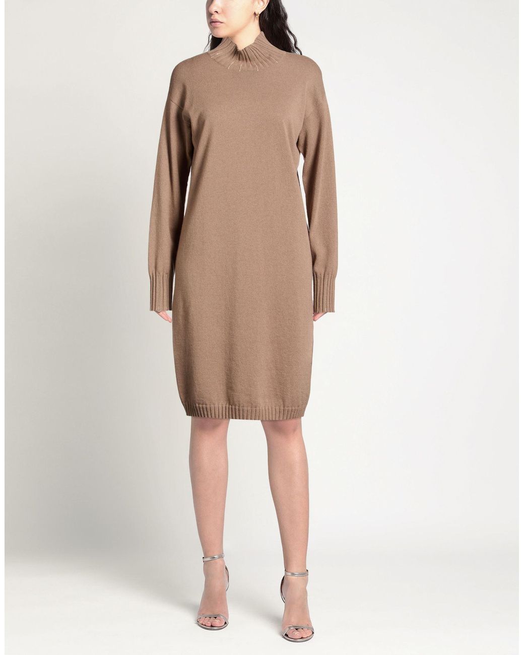 Fabiana Filippi Natural Taupe Midi Dress Virgin Wool, Silk, Cashmere, Recycled Brass