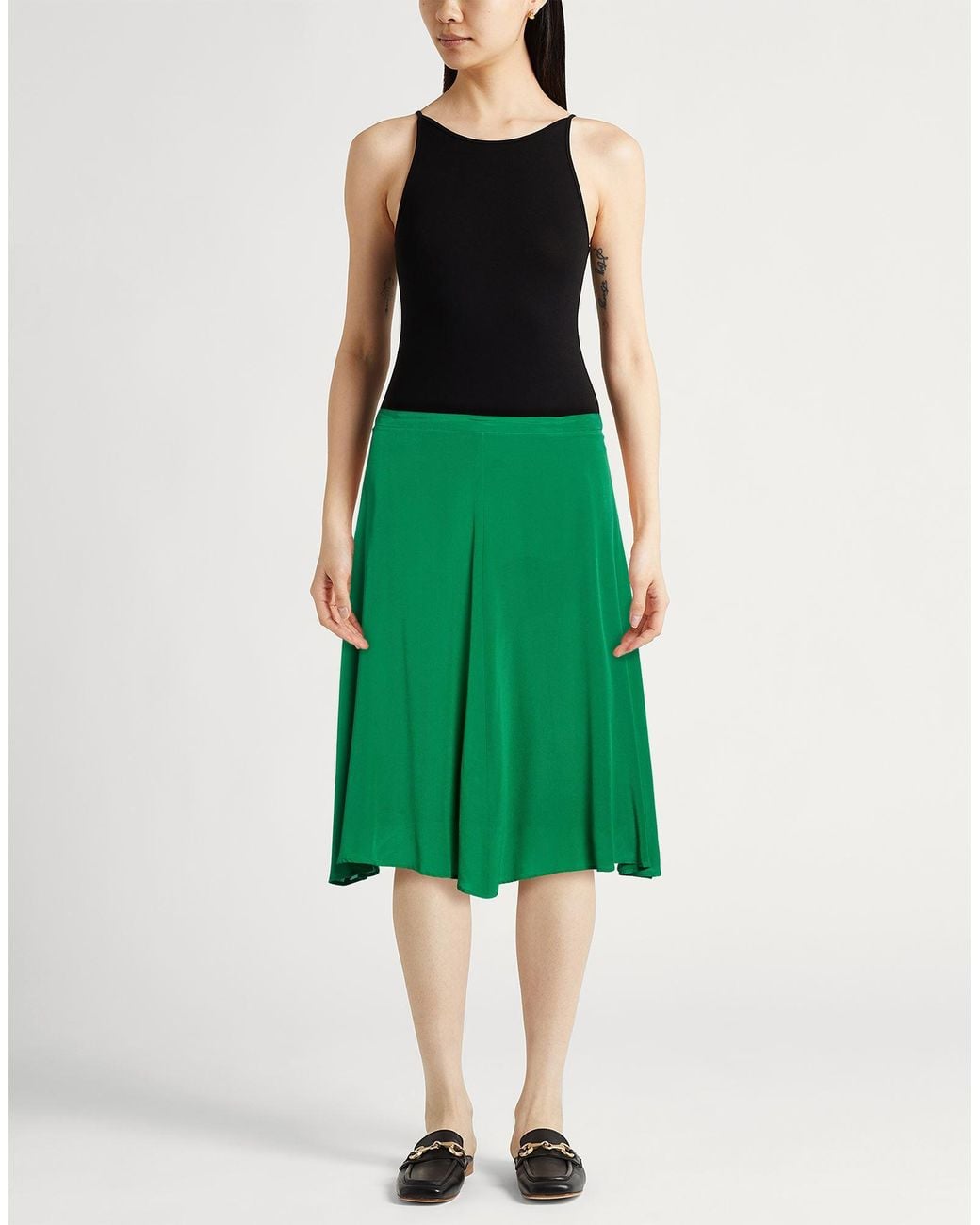 120% Lino Green Midi Skirt Silk