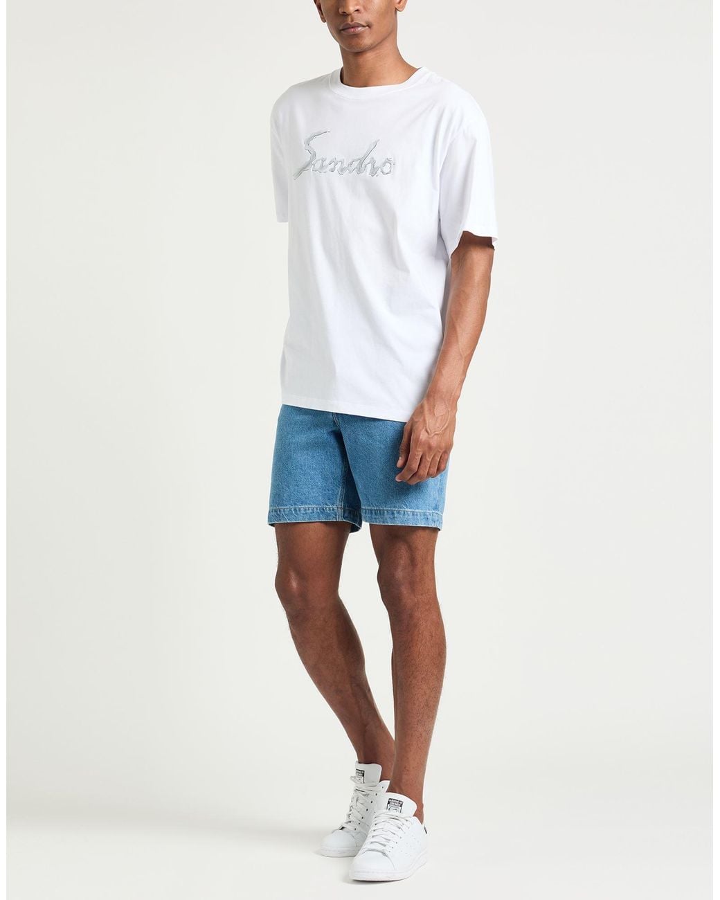 Sandro White T-Shirt Cotton, Elastane for men