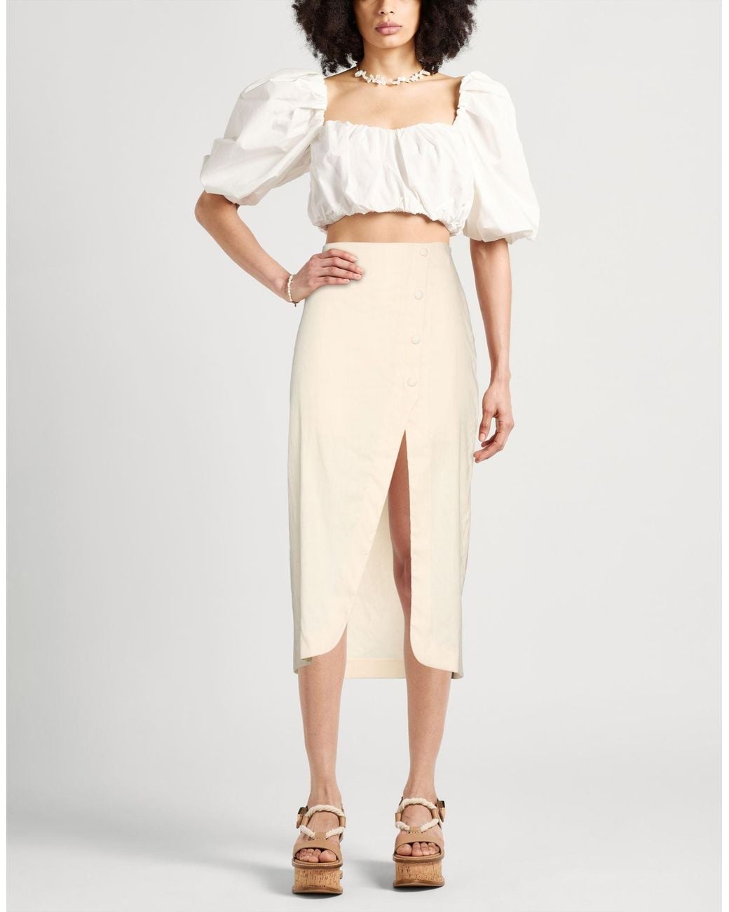 Sandro Natural Cream Midi Skirt Linen, Cotton, Elastane