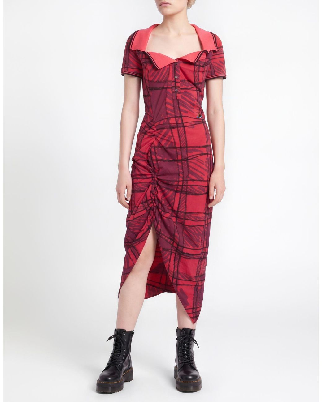 Vivienne Westwood Red Long Monday Pulling Dress Fuchsia Midi Dress Cotton