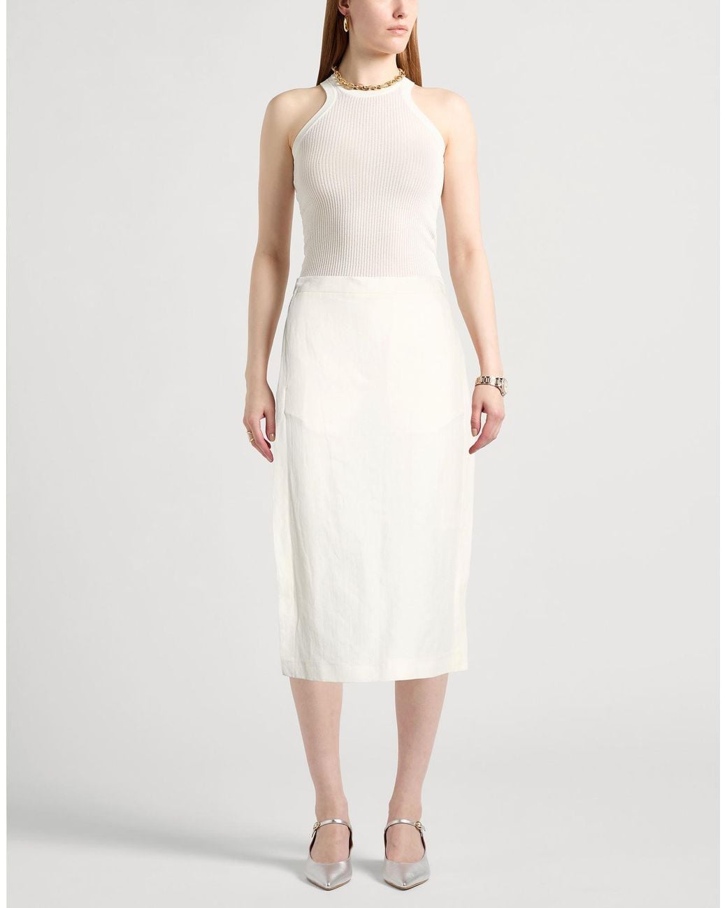 Suoli White Cream Midi Skirt Linen, Lyocell, Cotton