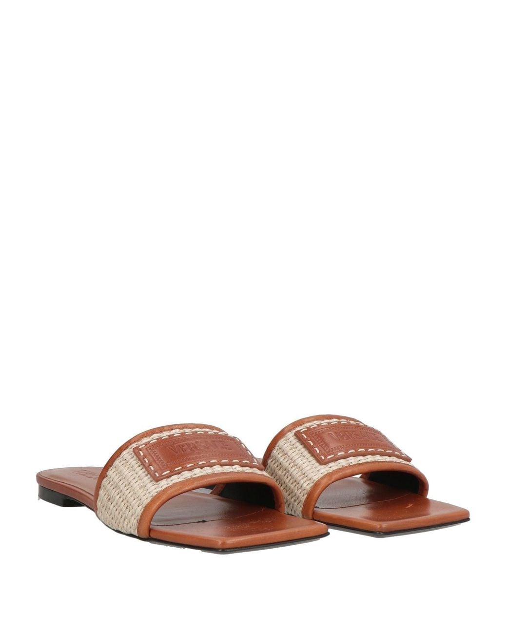 Versace Brown Tan Sandals Calfskin, Natural Raffia