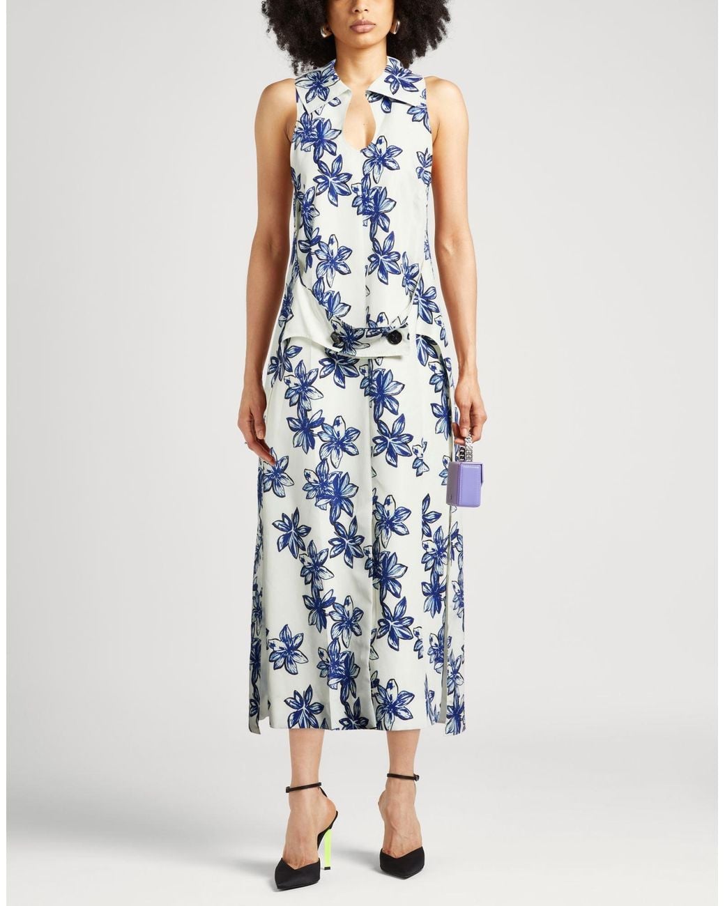 Nina Ricci Blue Cream Midi Dress Polyester