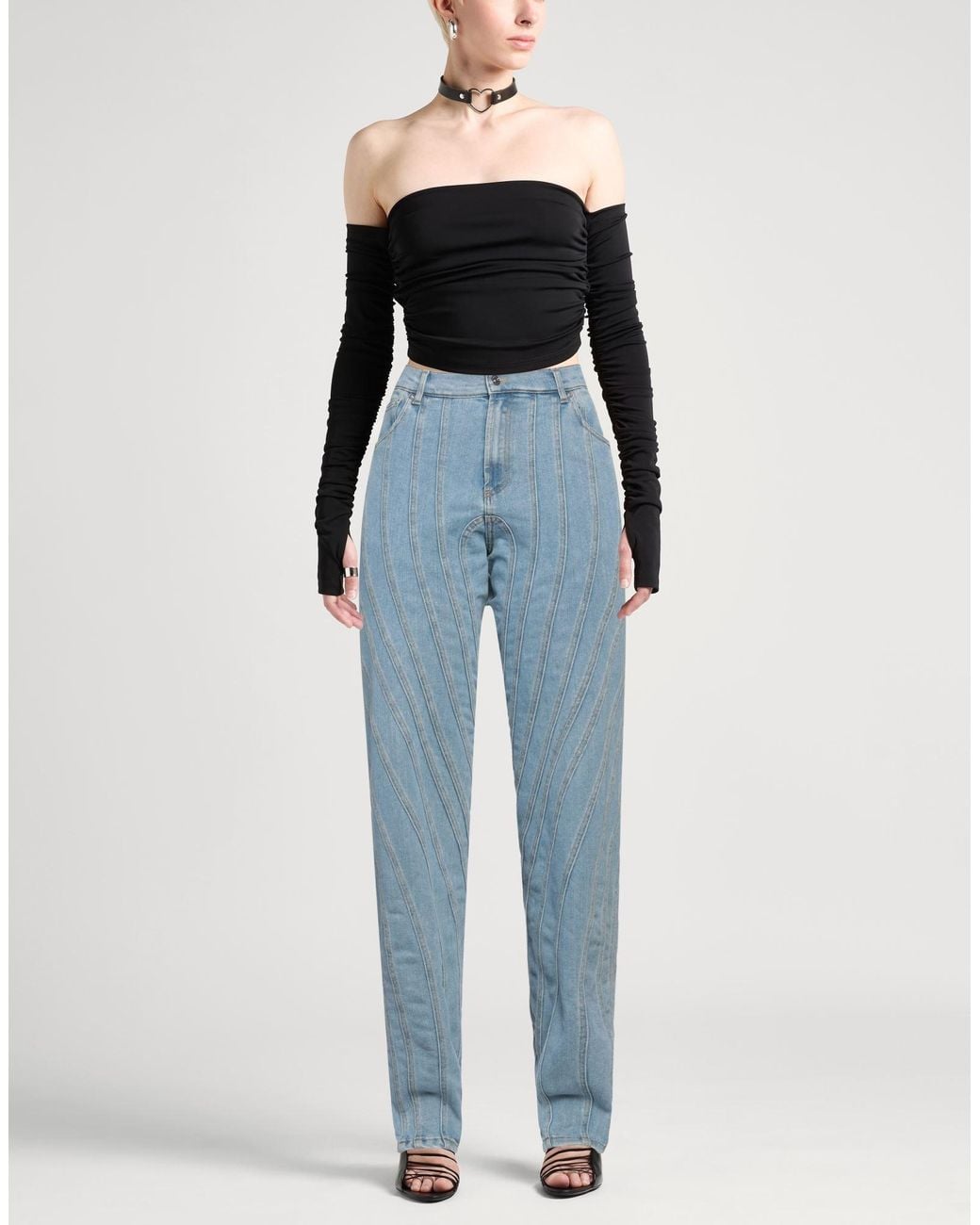 Mugler Blue Tapered Denim Jeans With Leather Trim