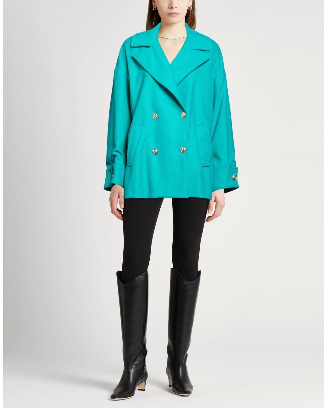 Liu Jo Blue Emerald Coat Polyester, Acrylic, Virgin Wool