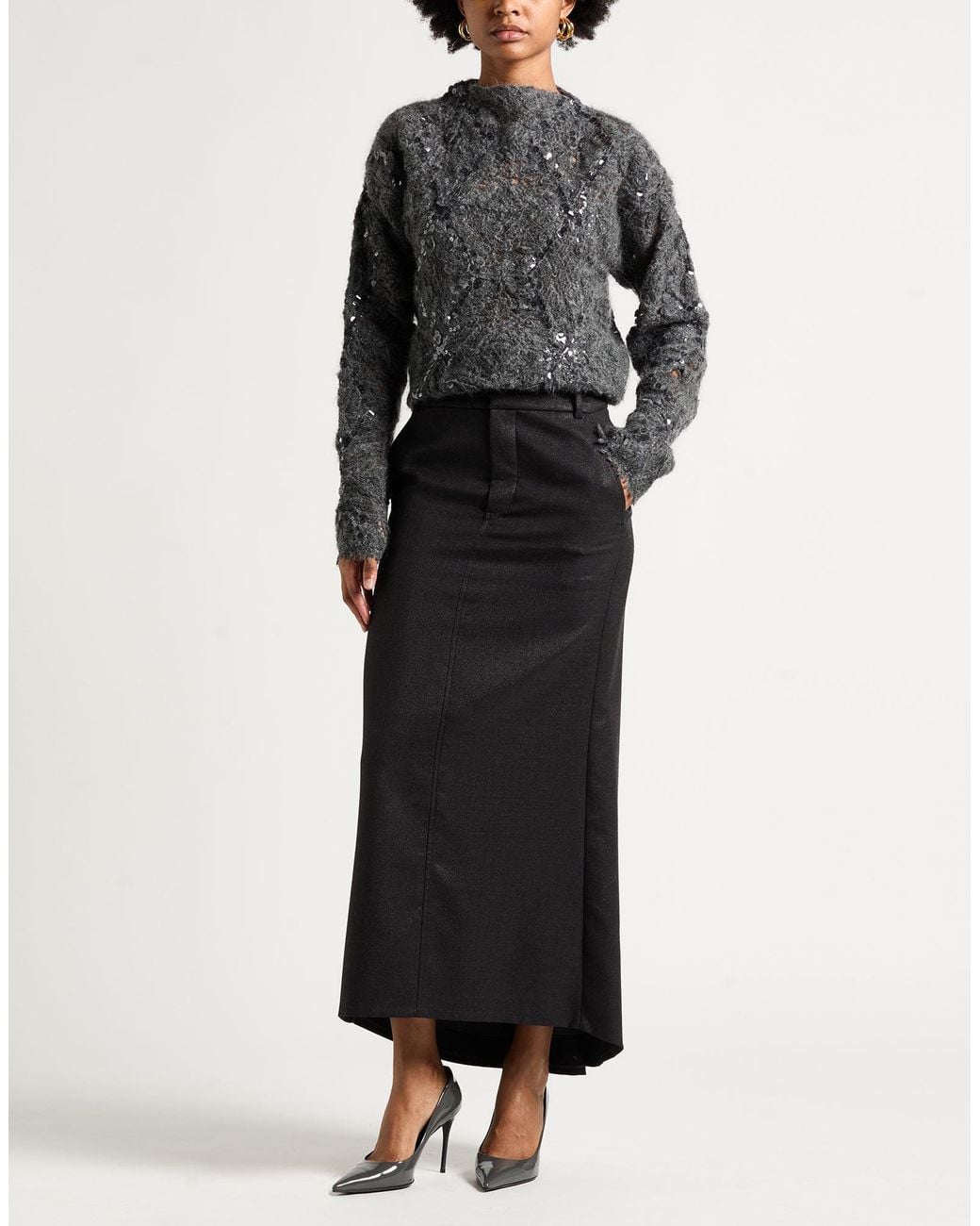 Brunello Cucinelli Black Charcoal Maxi Skirt Virgin Wool, Polyamide, Metallic Polyester