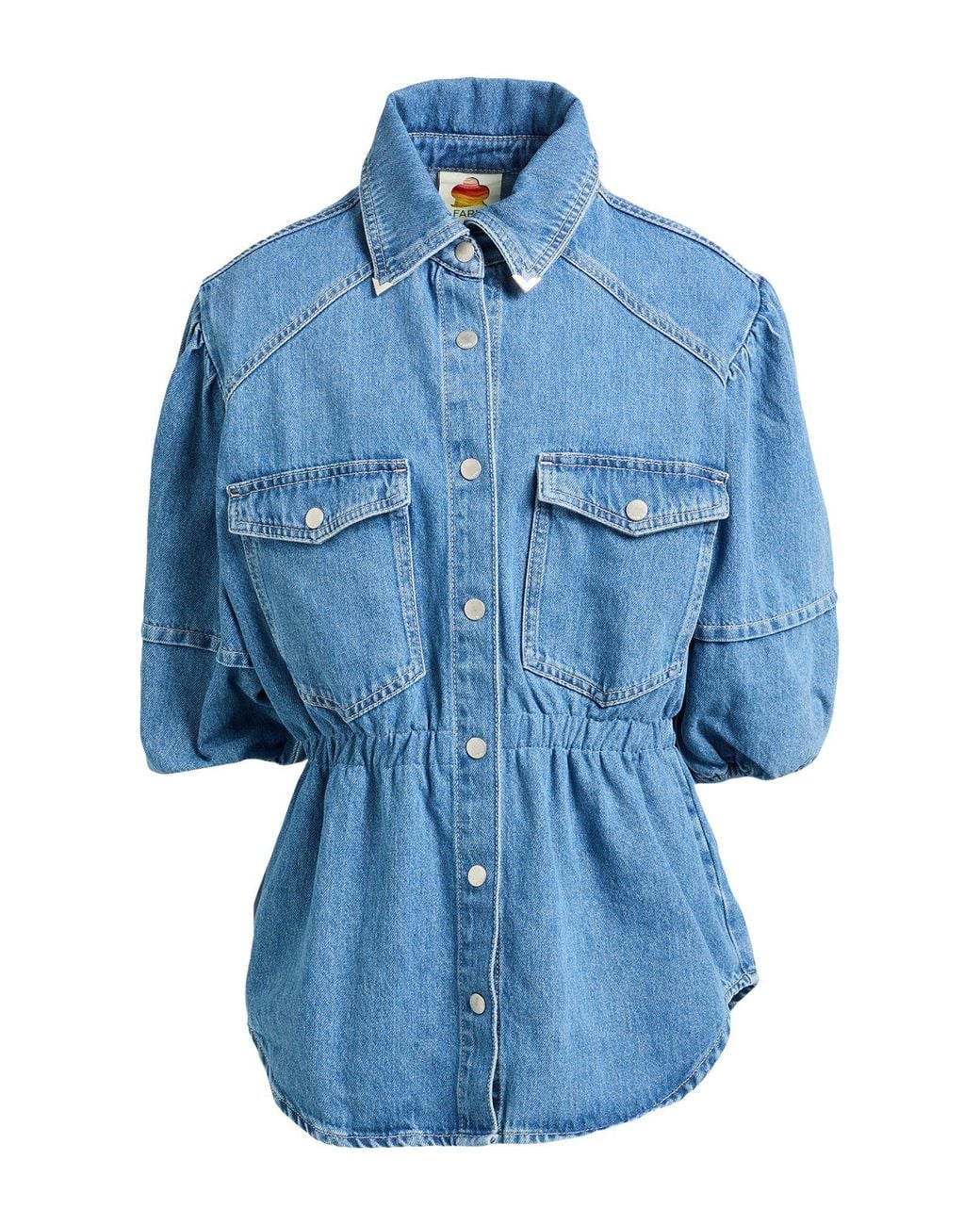 Farm Rio Blue Denim Shirt Puffing Sleeve Denim Shirt Cotton