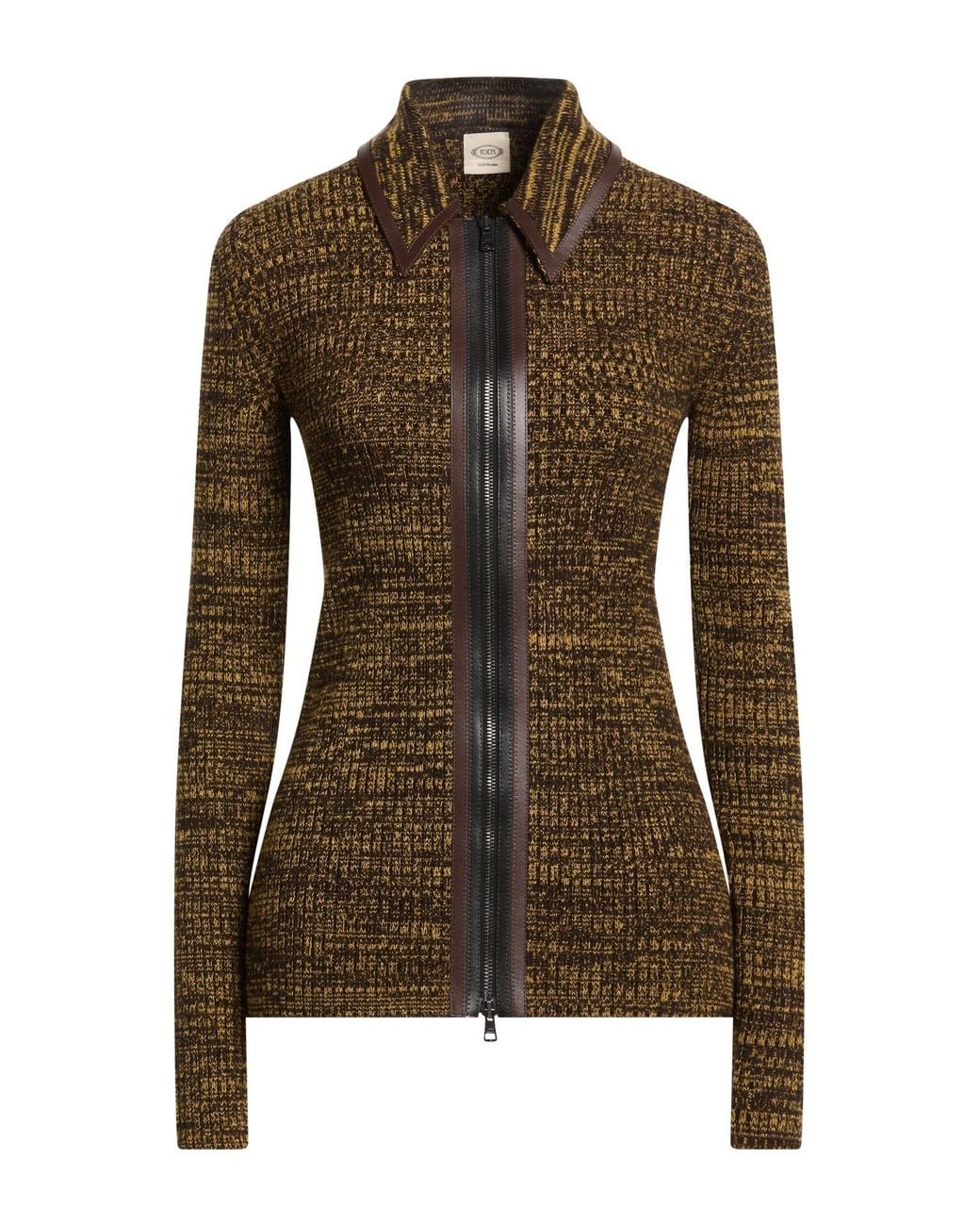 Tod's Brown Cardigan Virgin Wool, Cow Leather