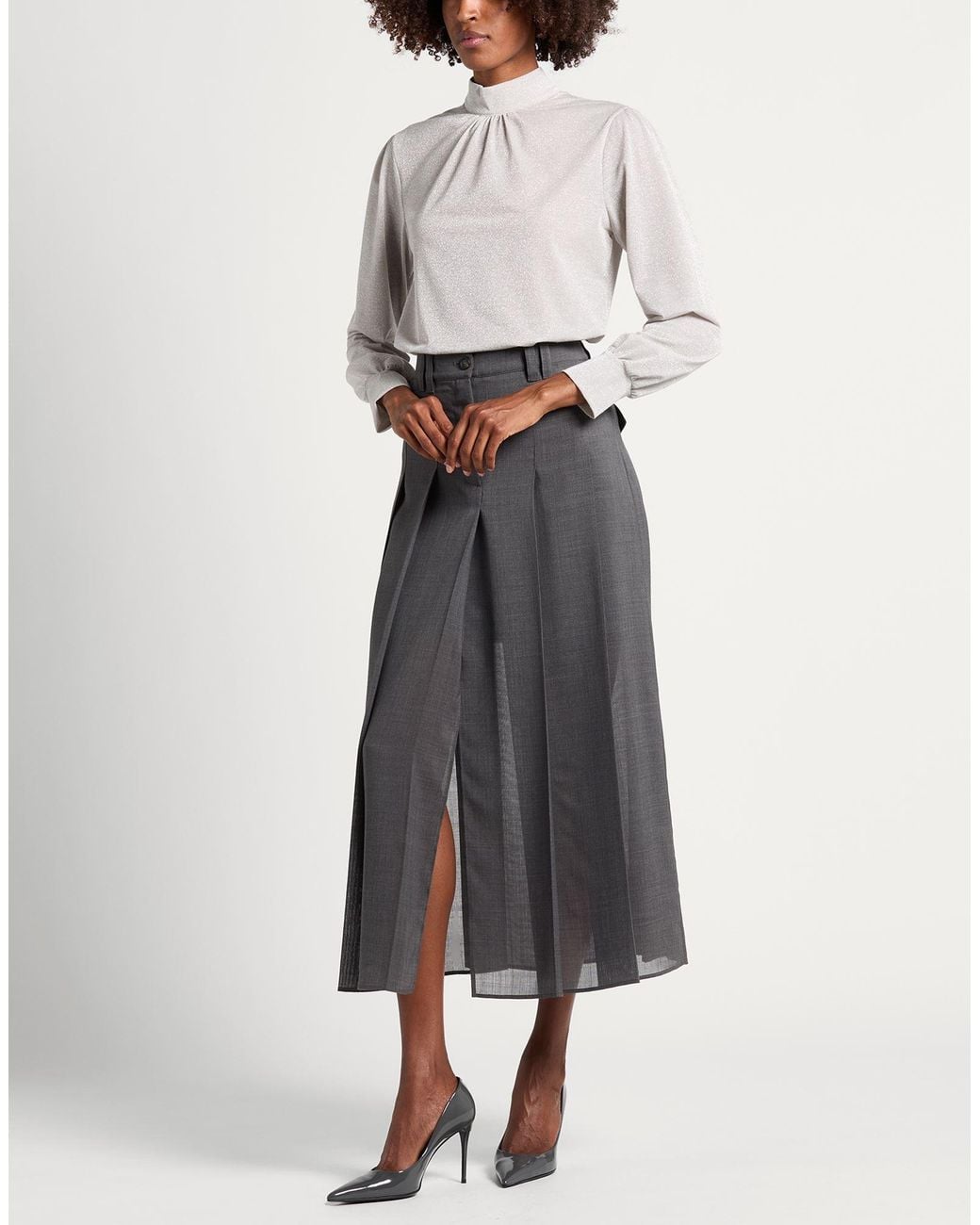 Brunello Cucinelli Gray Charcoal Maxi Skirt Polyester, Virgin Wool