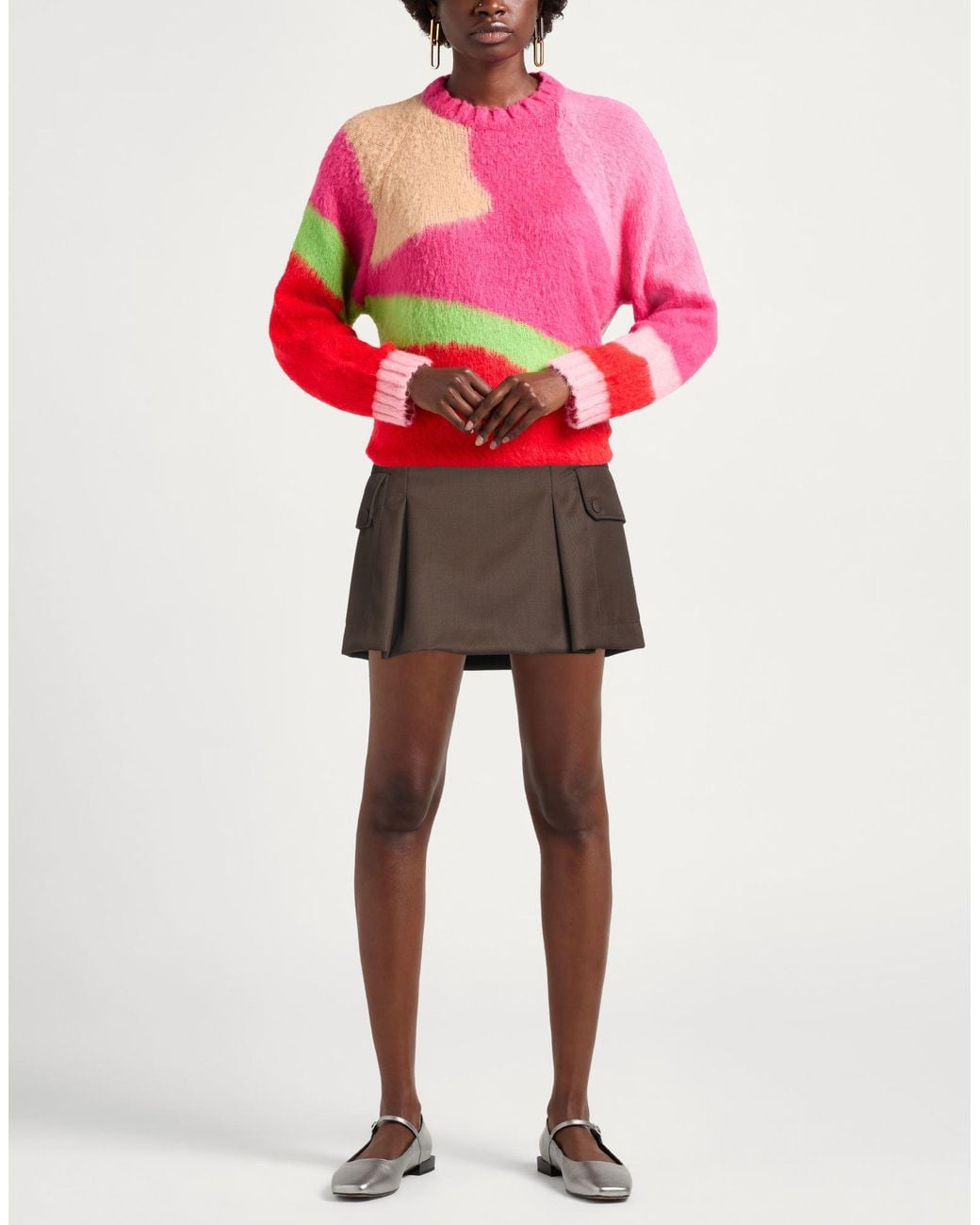 Sandro Brown Khaki Mini Skirt Polyester, Virgin Wool