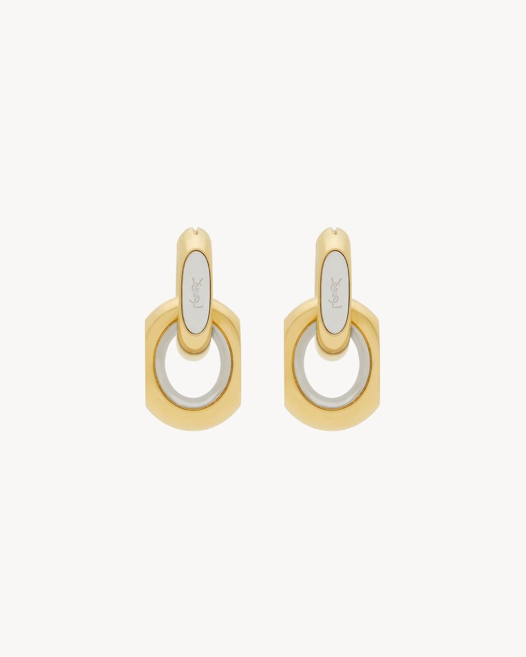 Saint Laurent White Cassandre Boucles D'oreilles Double Maillon En Métal Jaune/or