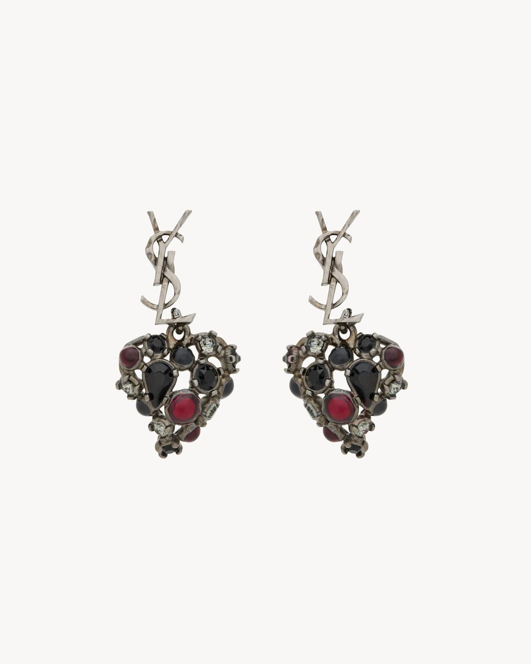 Saint Laurent White Cassandre Crystal Heart Earrings