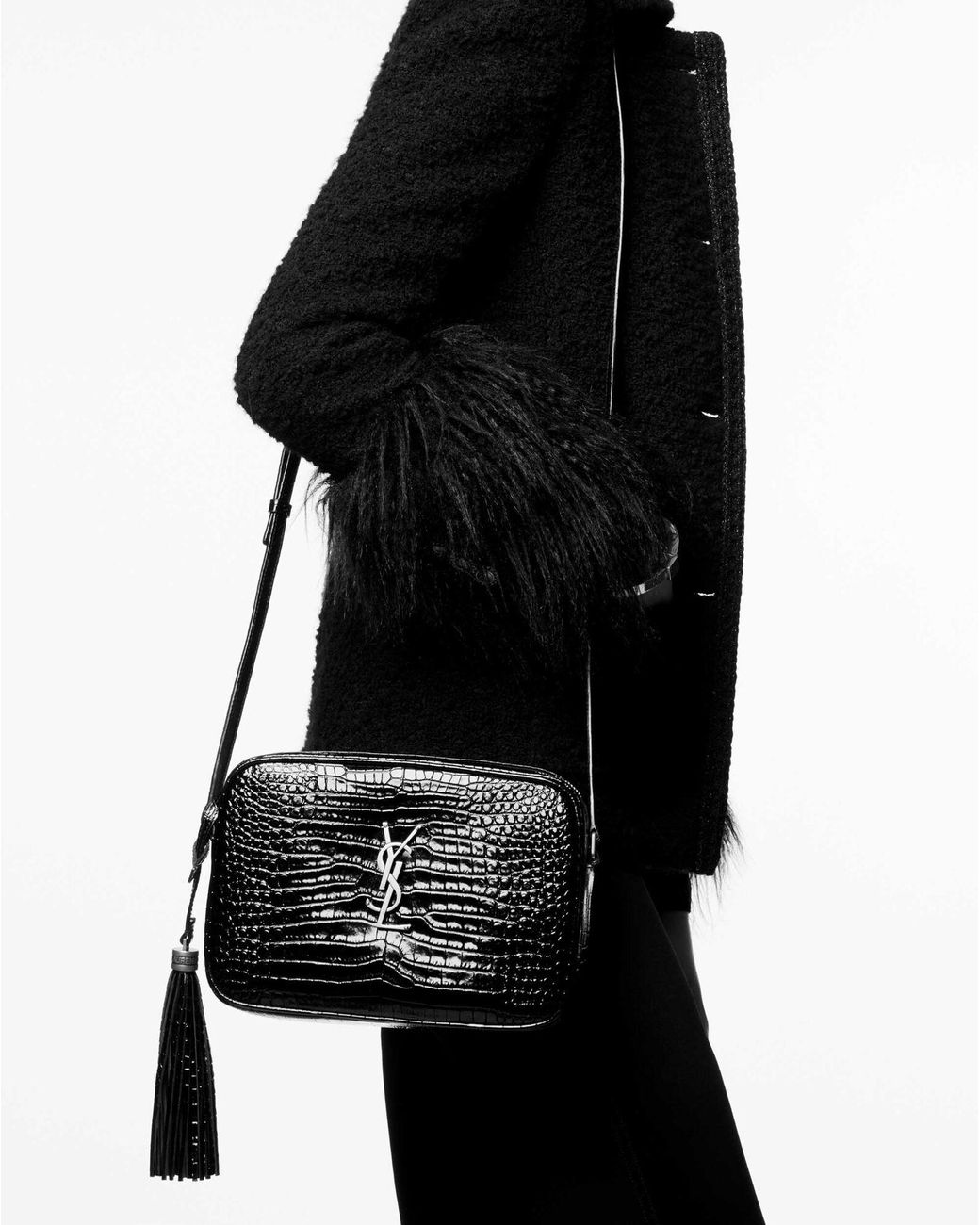 SAINT LAURENT Lou Croc-Embossed Camera Bag in Black Leather