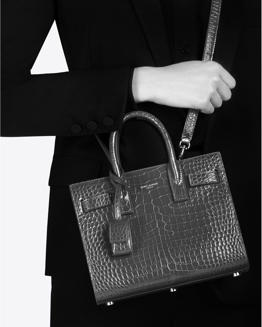 SAINT LAURENT SAC DE JOUR NANO IN EMBOSSED CROCODILE SHINY LEATHER/ROUGE  LEGION 