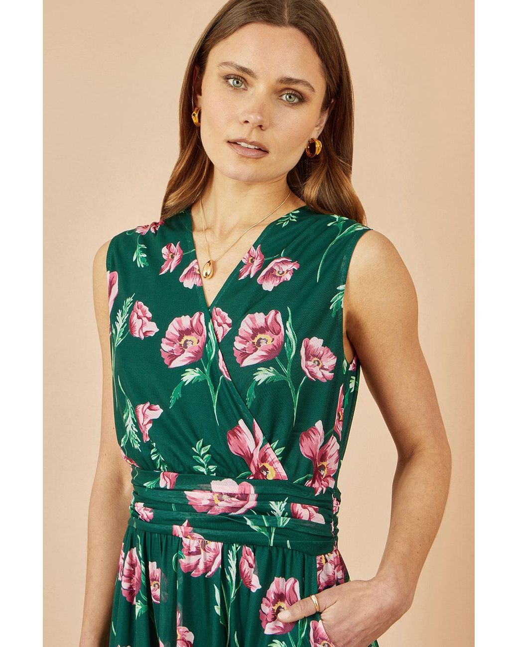 Yumi' Blue Floral Print Mesh Stretch Midi Dress With Pockets