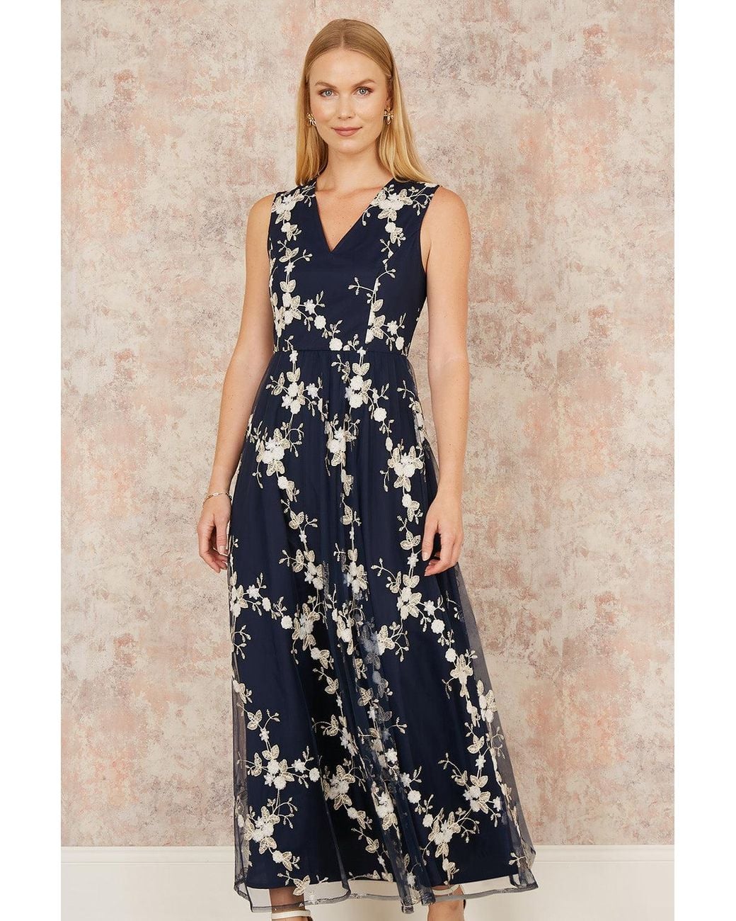 Yumi' Blue Mesh Embroidered Maxi Dress