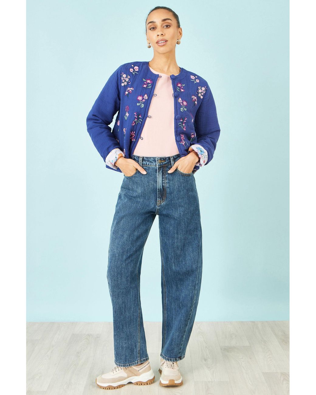 Yumi' Blue Floral Embroidery Cotton Jacket