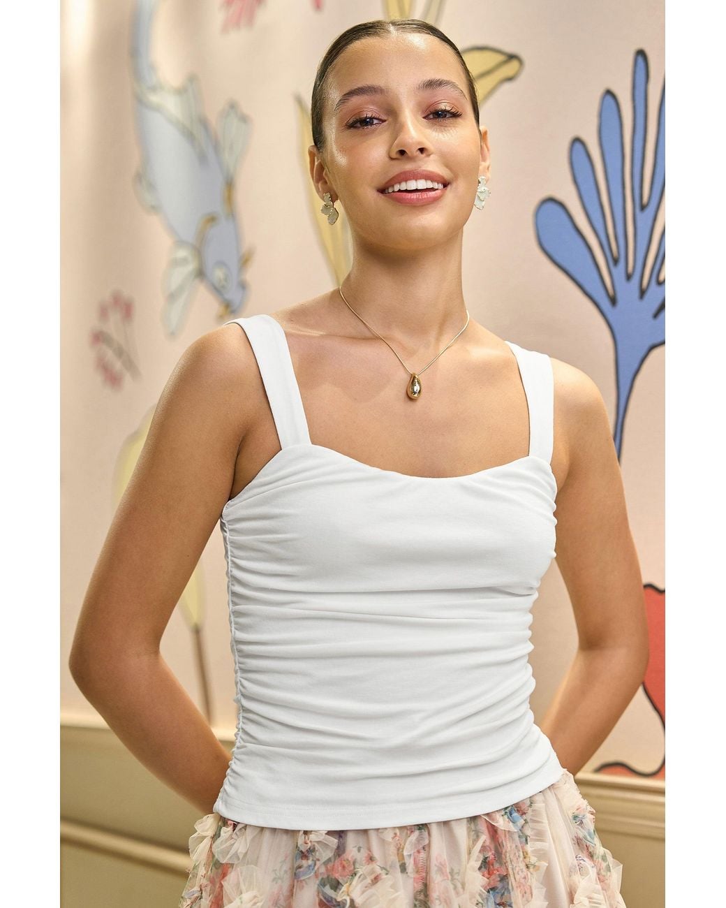 Yumi' White Cotton Ruched Vest Top