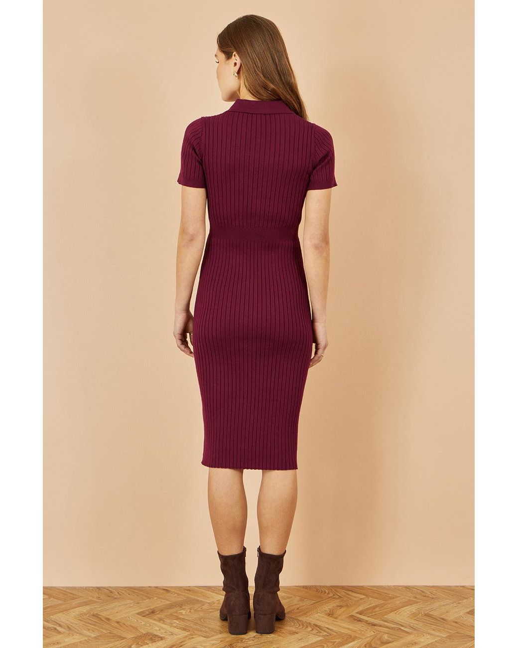 Yumi' Red Fitted Rib Knitted Midi Dress With Daisy Buttons