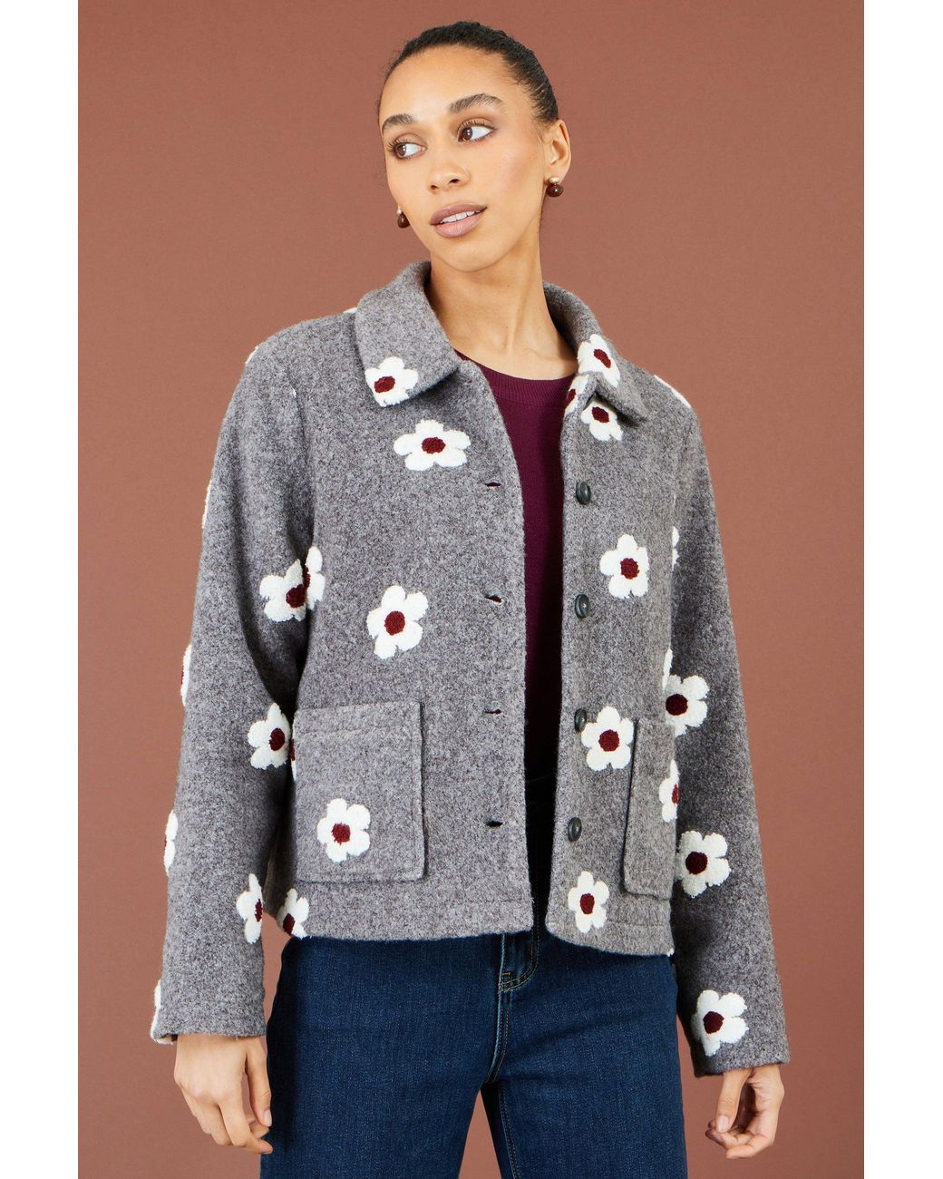Yumi' Blue Embroidered Daisy Fleece Jacket