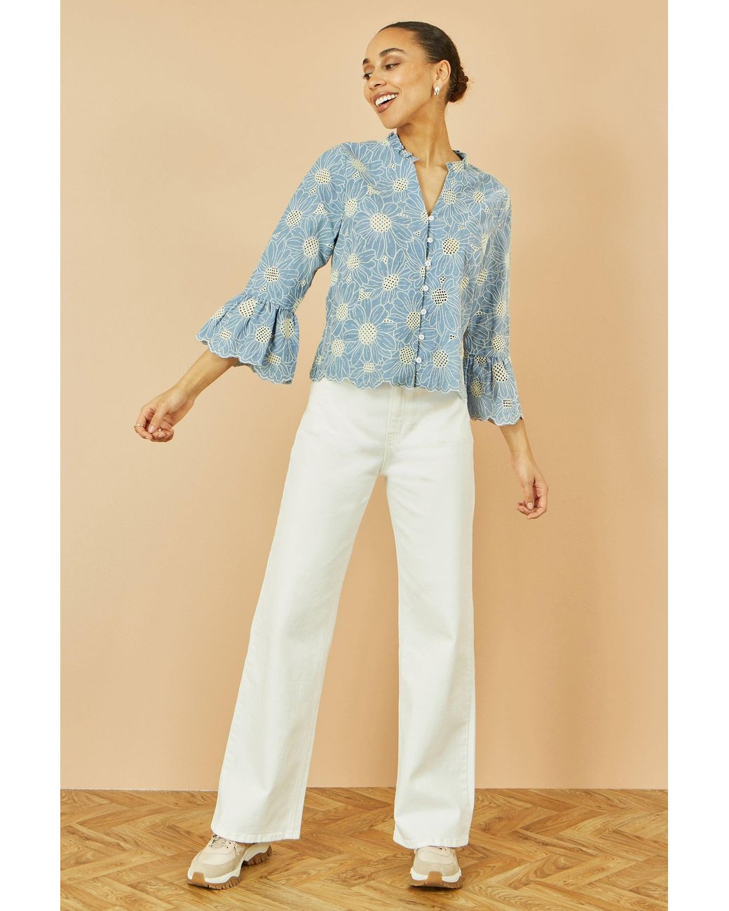 Yumi' Blue Daisy Broderie Shirt With Fluted Sleeves