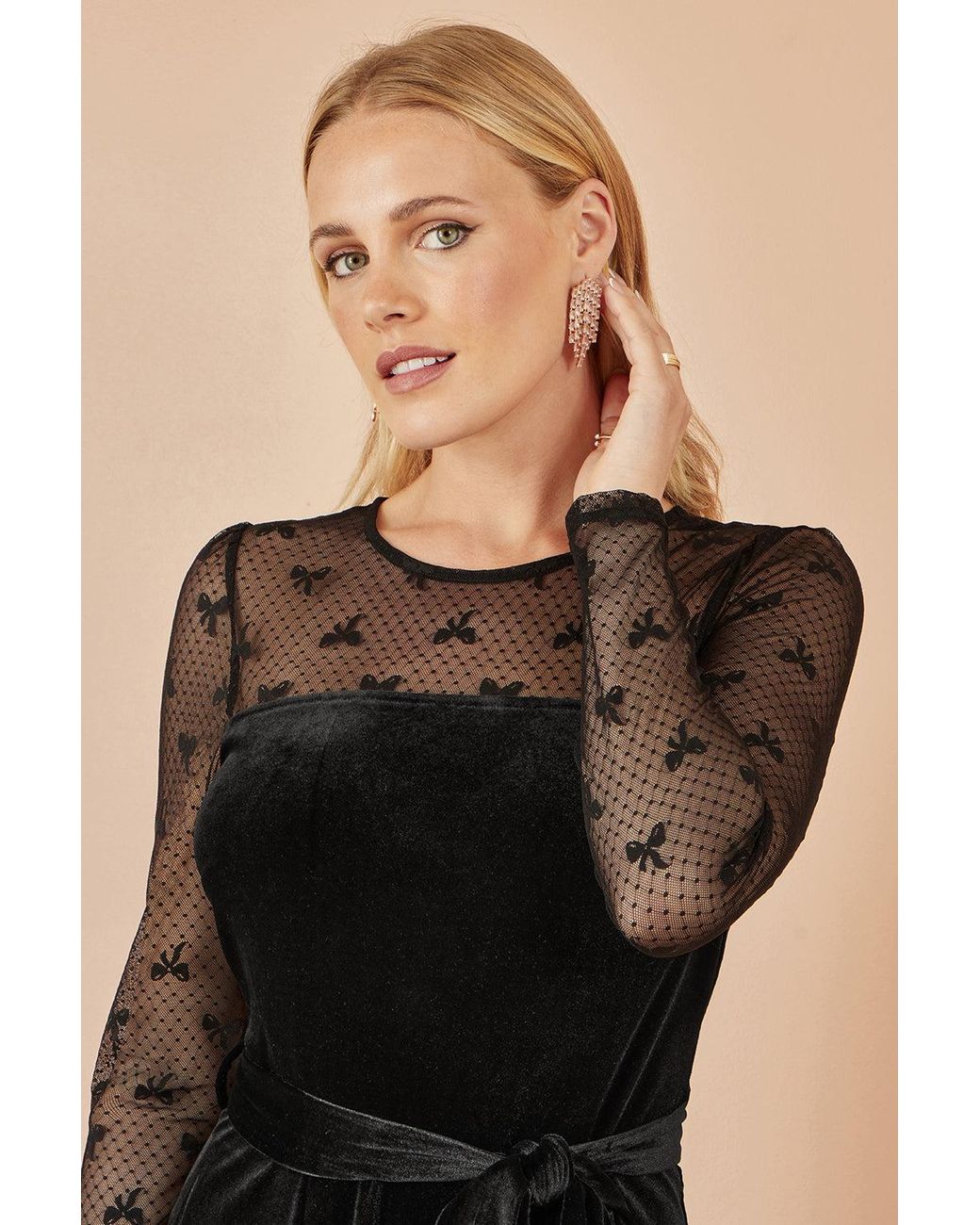Yumi' Black Velvet Skater Dress With Mesh Bow Sleeves