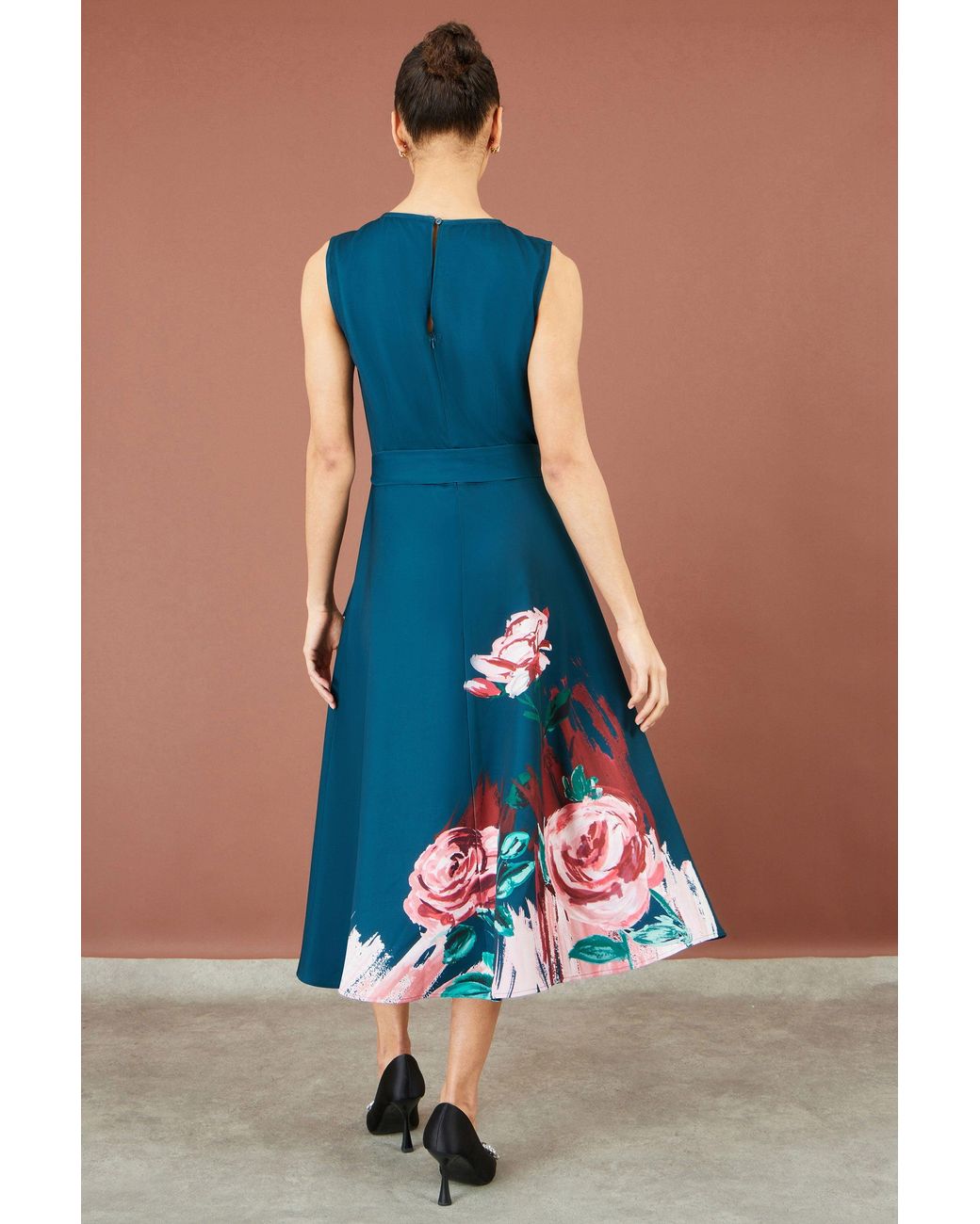Yumi' Blue Abstract Floral Skater Midi Dress