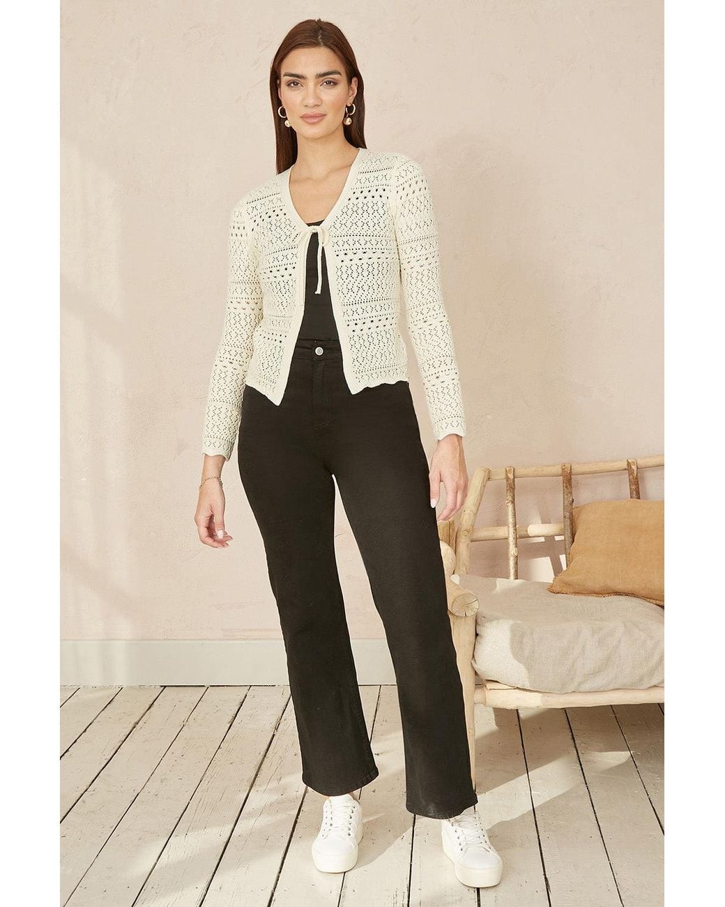 Yumi' Natural Crochet Tie Front Cardigan