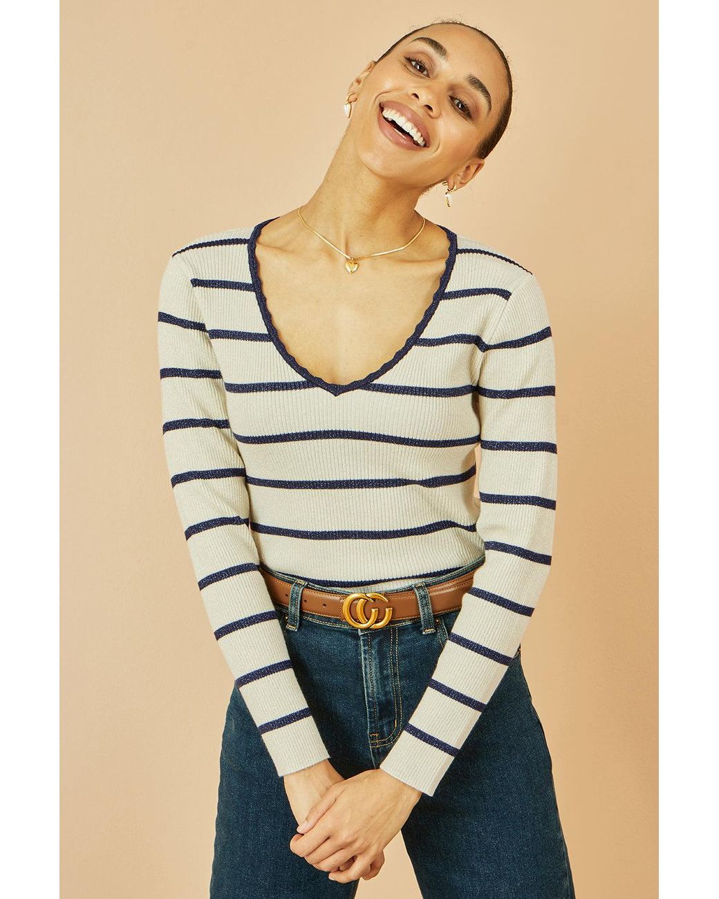 Yumi' White Metallic Stripe Knitted Ribbed Top
