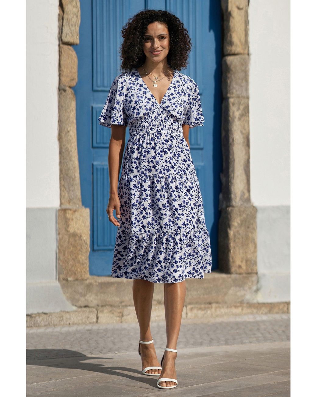 Yumi' Blue Floral Ruched Waist Midi Dress With Angel Sleeves