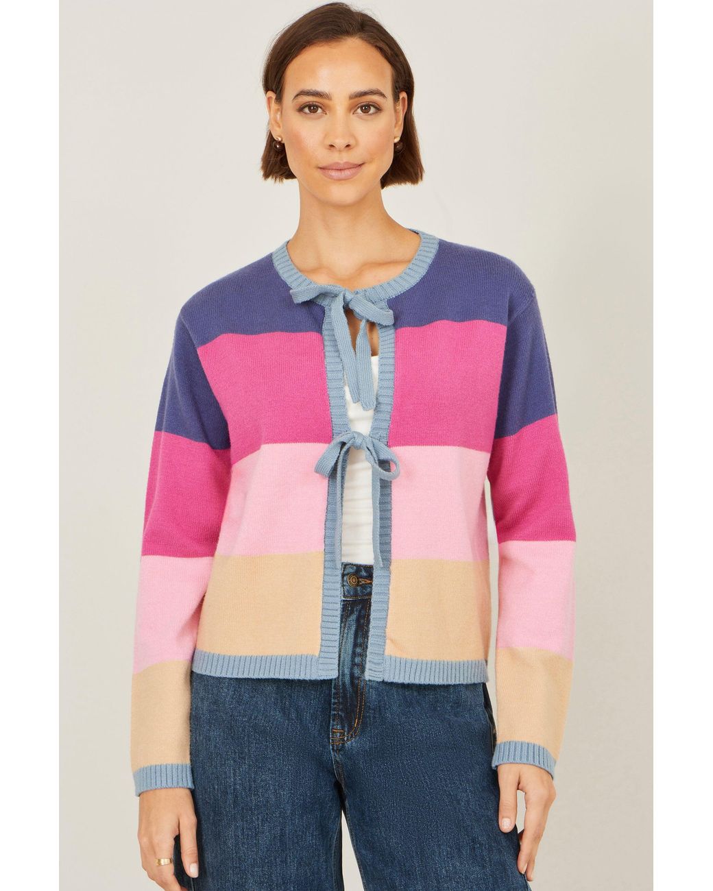 Yumi' Pink Multicolour Block Stripe Tie Front Cardigan